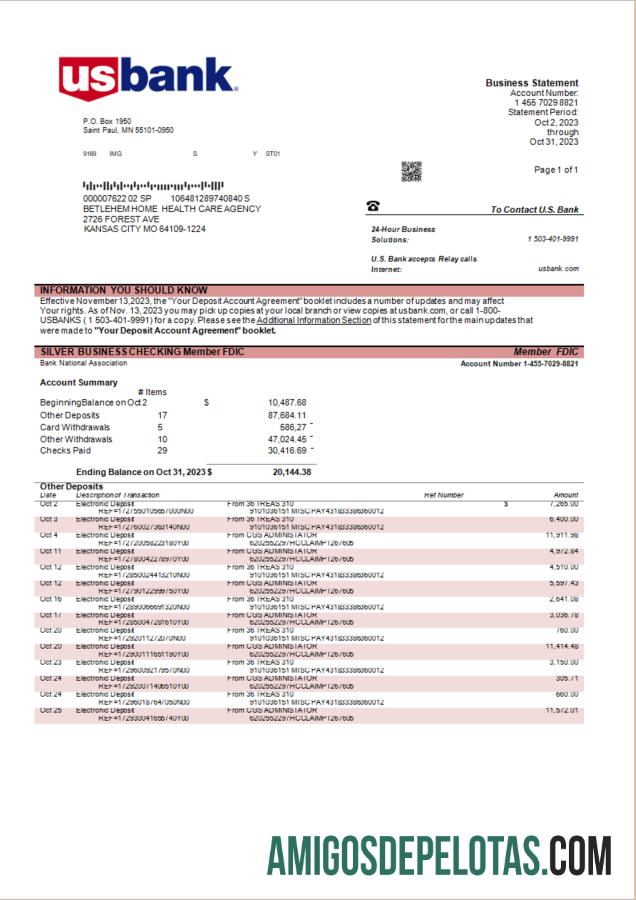 Realista U.S. Bank Organization modelo de extrato de conta Word e PDF